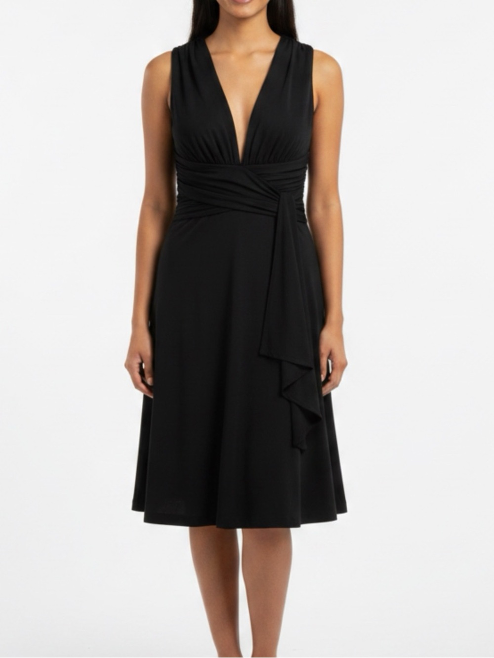 White House Black Market | Deep V Halter Black Cocktail Dress Cross Back